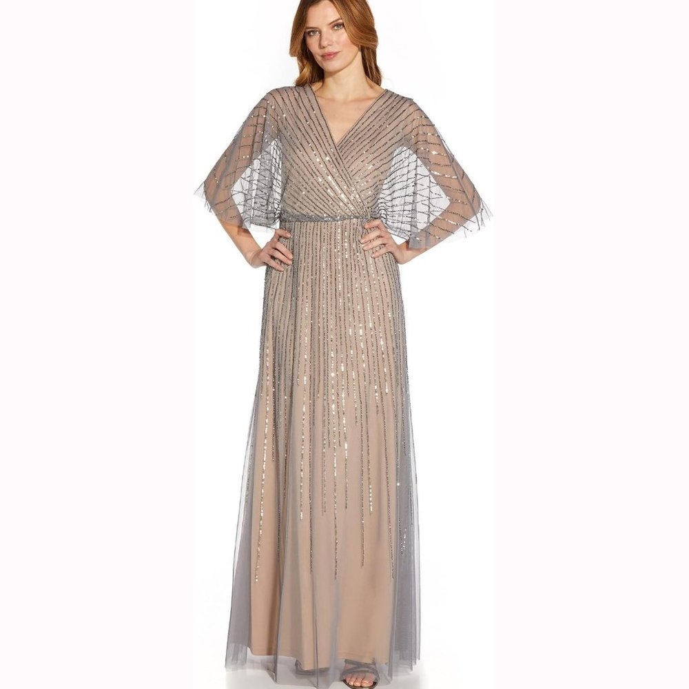Adrianna Papell Sequin V-Neck Dress Sterling Nude 4